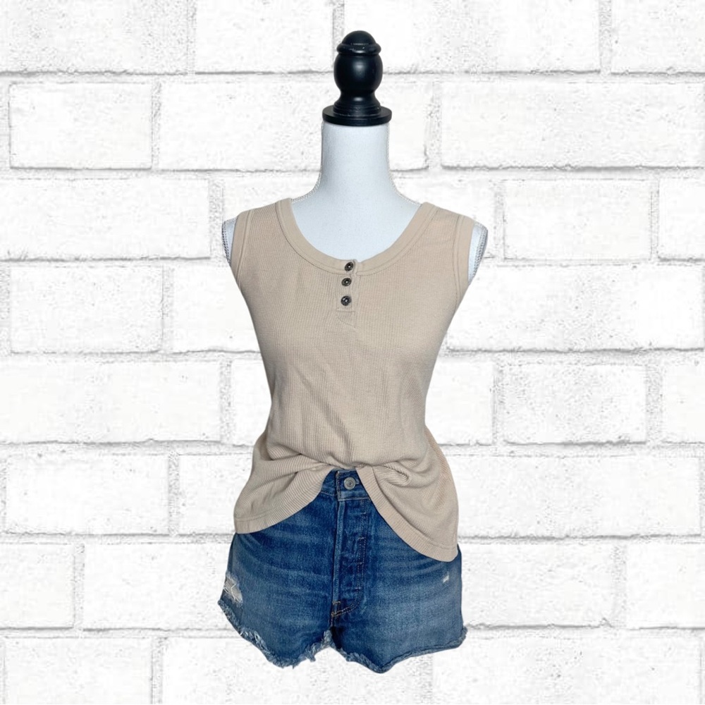 Vintage High Sierra Beige Brown Waffle Knit Henley Tank